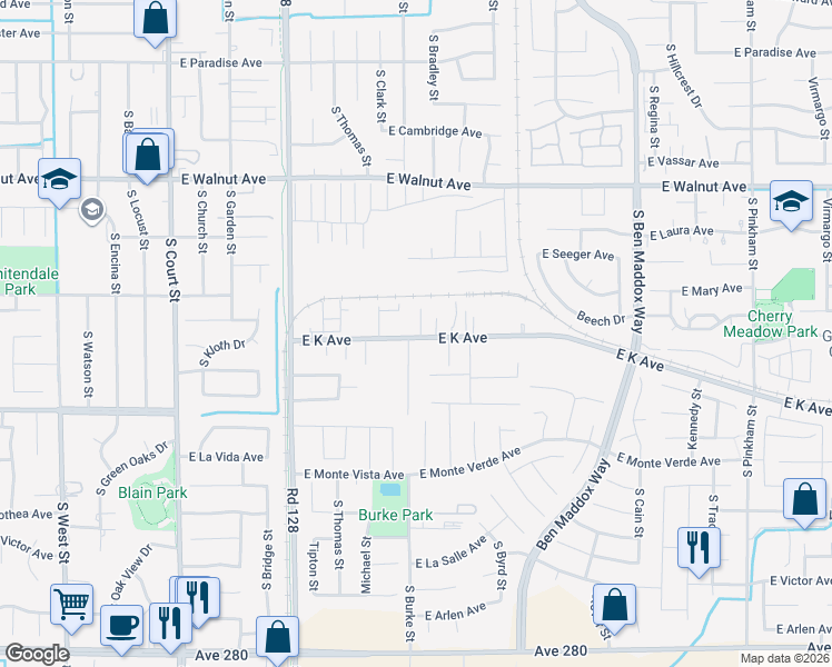 map of restaurants, bars, coffee shops, grocery stores, and more near 2543 South Burke Street in Visalia
