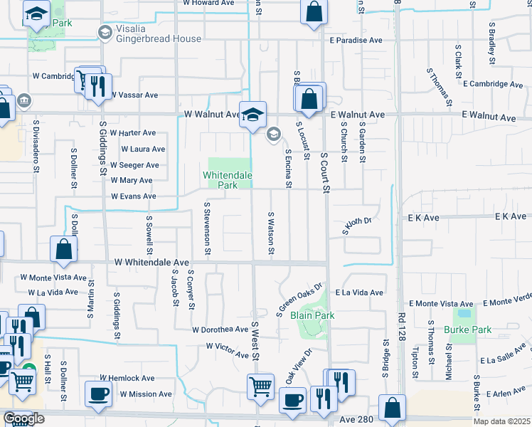 map of restaurants, bars, coffee shops, grocery stores, and more near 2548 South Watson Street in Visalia
