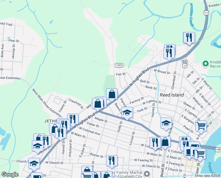 map of restaurants, bars, coffee shops, grocery stores, and more near 700-798 Mill Street in Elizabeth City