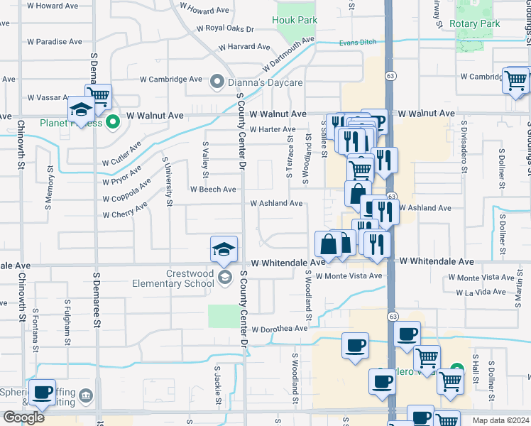 map of restaurants, bars, coffee shops, grocery stores, and more near 2736 West Cherry Court in Visalia