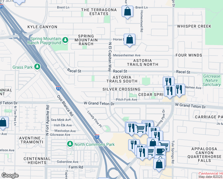 map of restaurants, bars, coffee shops, grocery stores, and more near 8028 North Quilted Bear Street in Las Vegas