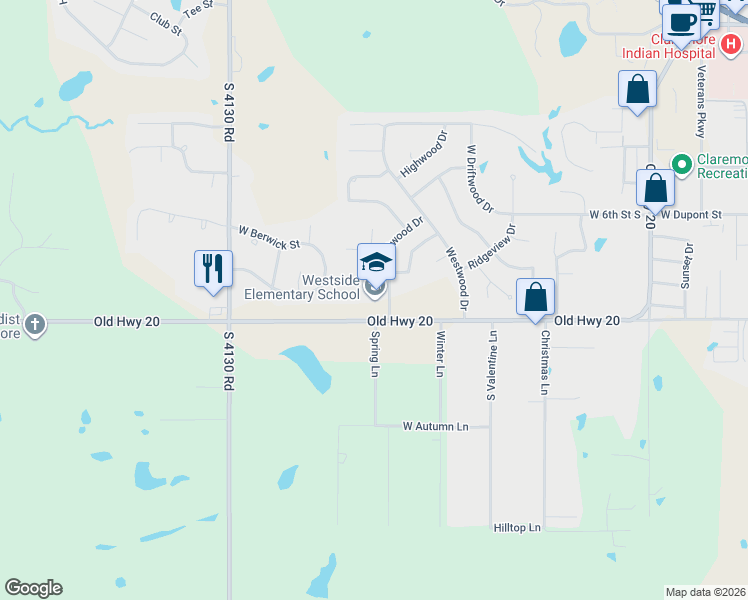 map of restaurants, bars, coffee shops, grocery stores, and more near 2600 Holly Road in Claremore