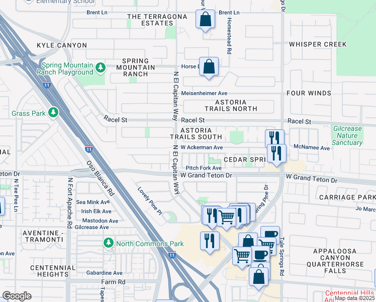 map of restaurants, bars, coffee shops, grocery stores, and more near 8028 North Quilted Bear Street in Las Vegas
