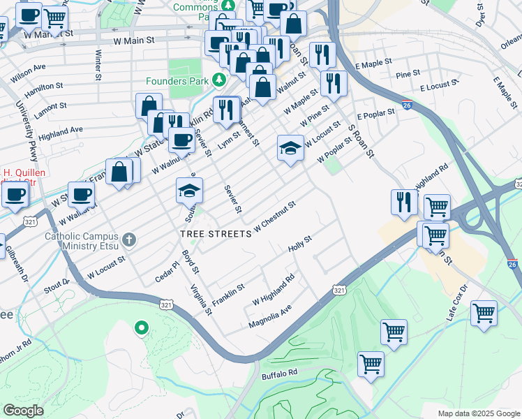map of restaurants, bars, coffee shops, grocery stores, and more near 428 West Chestnut Street in Johnson City