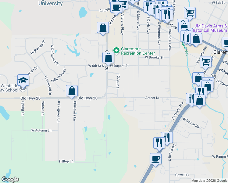 map of restaurants, bars, coffee shops, grocery stores, and more near 654 Sunset Drive in Claremore