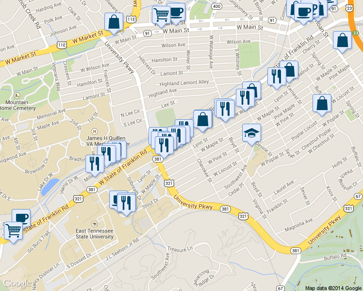 map of restaurants, bars, coffee shops, grocery stores, and more near 800 W Walnut St in Johnson City