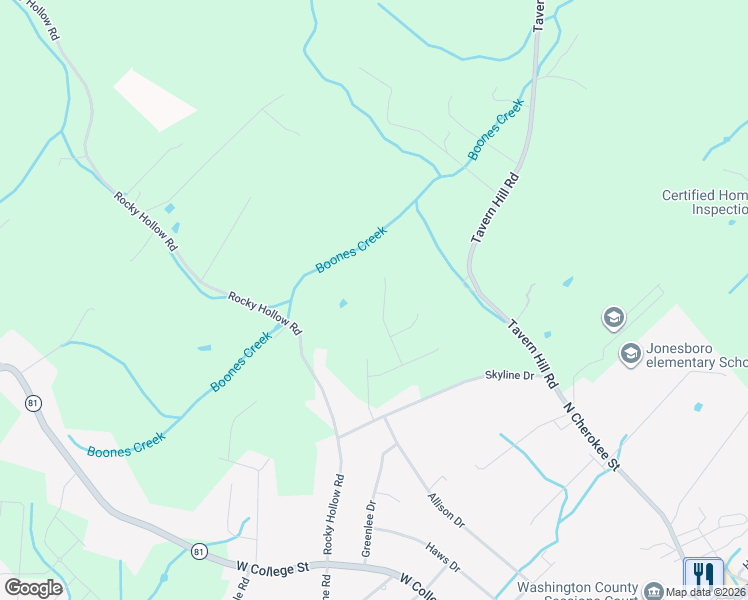 map of restaurants, bars, coffee shops, grocery stores, and more near 1558 Rocky Hollow Road in Jonesborough