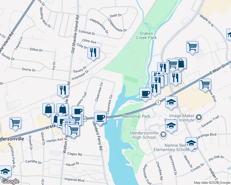 map of restaurants, bars, coffee shops, grocery stores, and more near 120 Clearview Circle in Hendersonville
