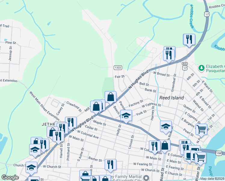 map of restaurants, bars, coffee shops, grocery stores, and more near 700-798 Mill Street in Elizabeth City