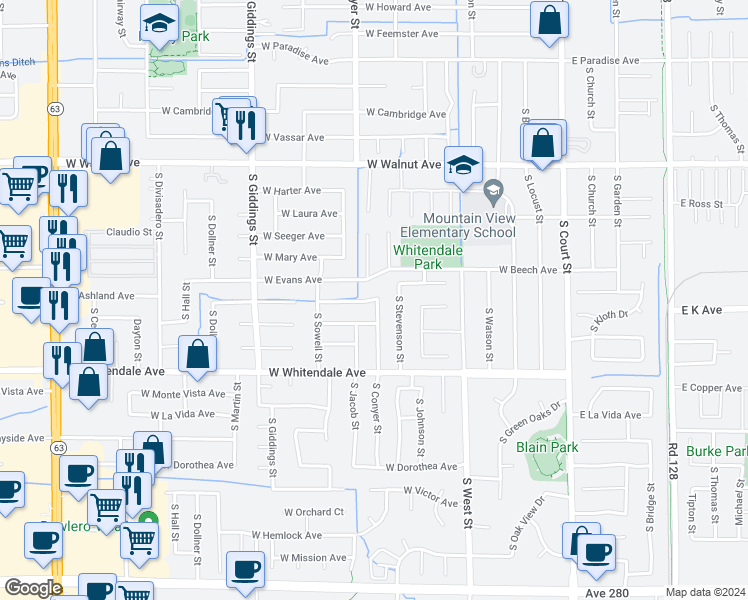 map of restaurants, bars, coffee shops, grocery stores, and more near 549 West Ashland Avenue in Visalia