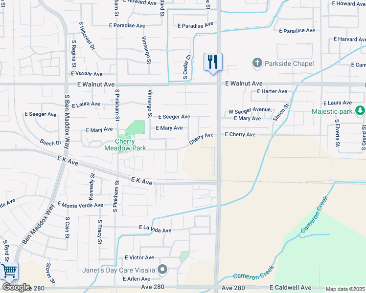 map of restaurants, bars, coffee shops, grocery stores, and more near 2612 Cherry Avenue in Visalia