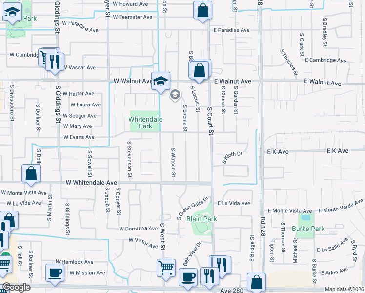 map of restaurants, bars, coffee shops, grocery stores, and more near 2548 South Watson Street in Visalia