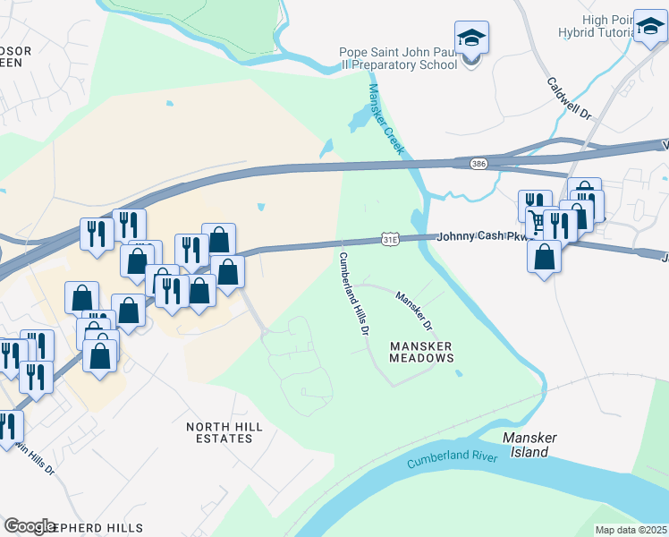 map of restaurants, bars, coffee shops, grocery stores, and more near 102 Cumberland Hills Drive in Nashville