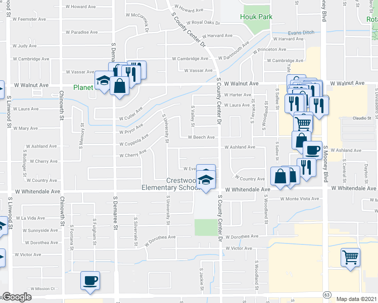 map of restaurants, bars, coffee shops, grocery stores, and more near 3115 West Ashland Avenue in Visalia