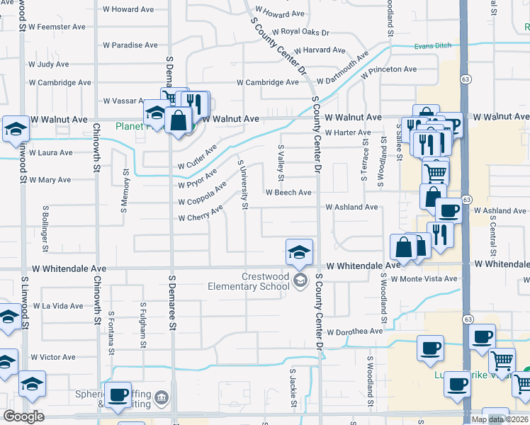 map of restaurants, bars, coffee shops, grocery stores, and more near 3149 West Beech Avenue in Visalia