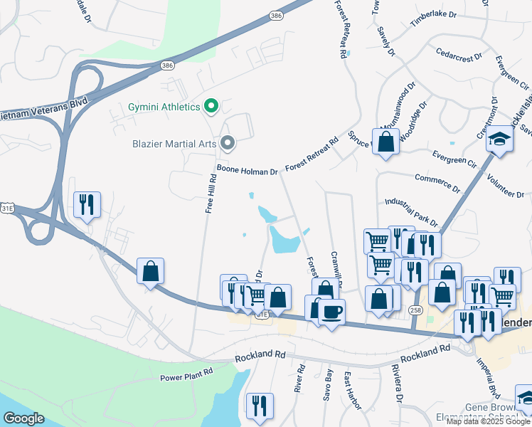 map of restaurants, bars, coffee shops, grocery stores, and more near 131 Mallard Drive in Hendersonville