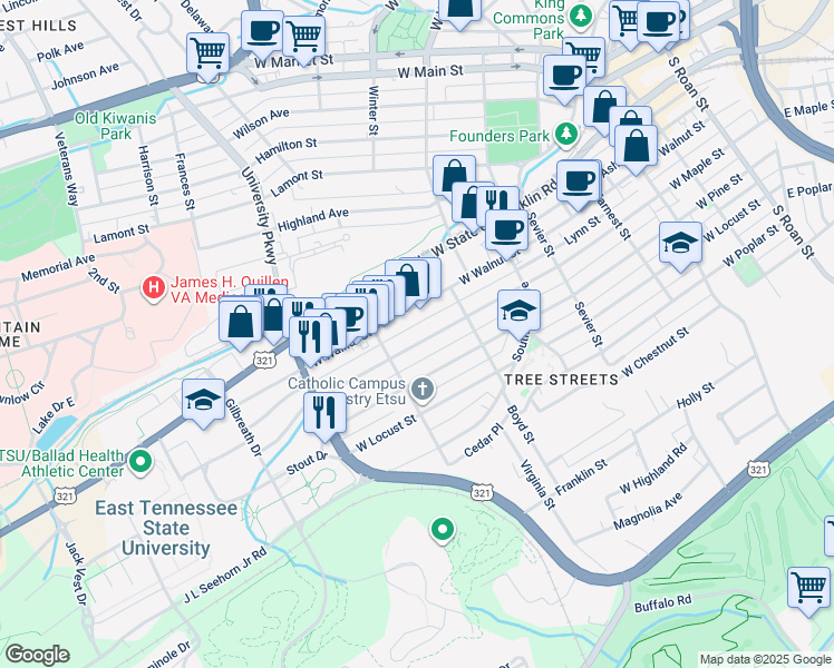 map of restaurants, bars, coffee shops, grocery stores, and more near 729 W Walnut St in Johnson City
