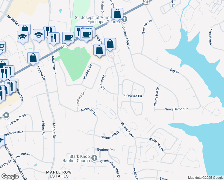 map of restaurants, bars, coffee shops, grocery stores, and more near 203 Redondo Court North in Hendersonville