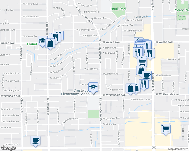 map of restaurants, bars, coffee shops, grocery stores, and more near 2943 West Ashland Avenue in Visalia