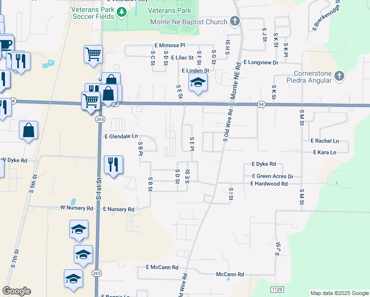 map of restaurants, bars, coffee shops, grocery stores, and more near 2011 South E Street in Rogers