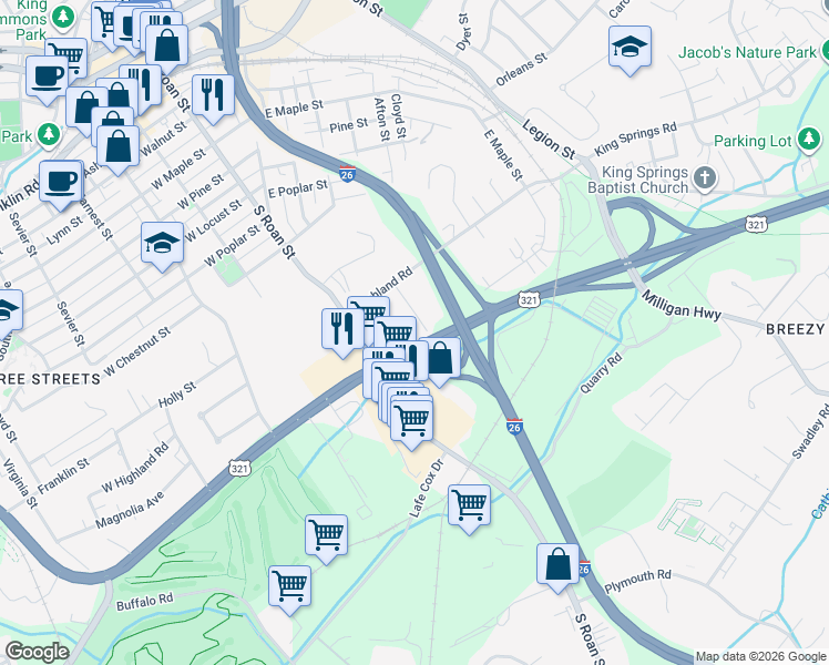 map of restaurants, bars, coffee shops, grocery stores, and more near 1504 Linden Street in Johnson City