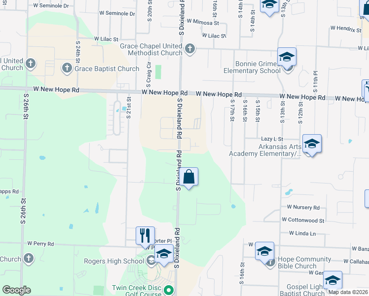 map of restaurants, bars, coffee shops, grocery stores, and more near 2002 South Dixieland Road in Rogers