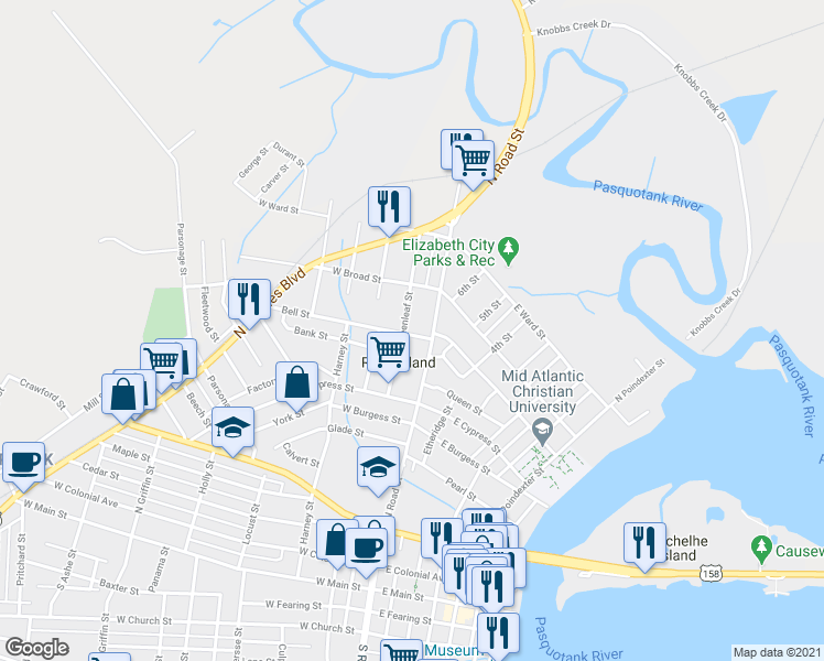 map of restaurants, bars, coffee shops, grocery stores, and more near 106 Bell Street in Elizabeth City