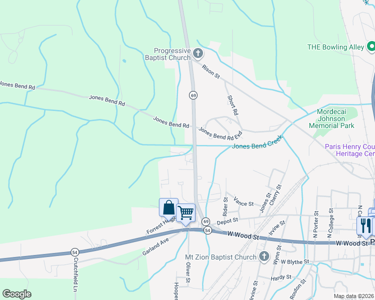 map of restaurants, bars, coffee shops, grocery stores, and more near 435 Tennessee 69 in Paris