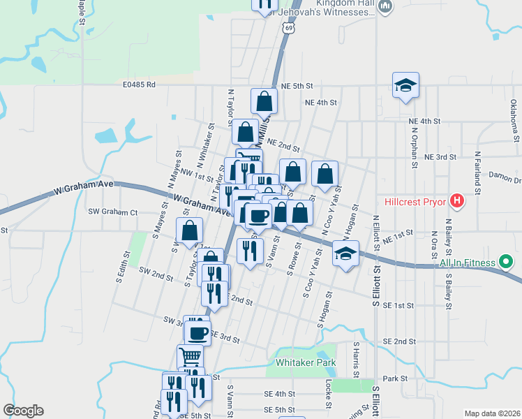 map of restaurants, bars, coffee shops, grocery stores, and more near in Pryor