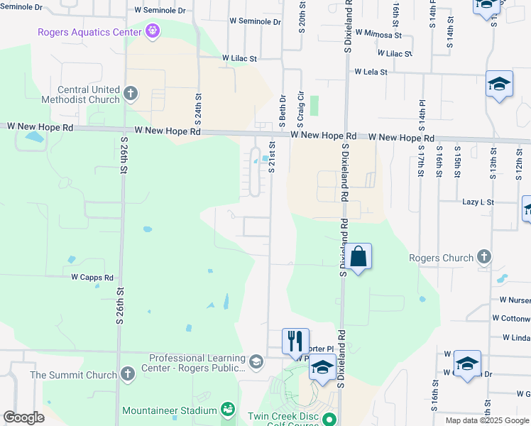map of restaurants, bars, coffee shops, grocery stores, and more near 2101 West Lazy L Street in Rogers