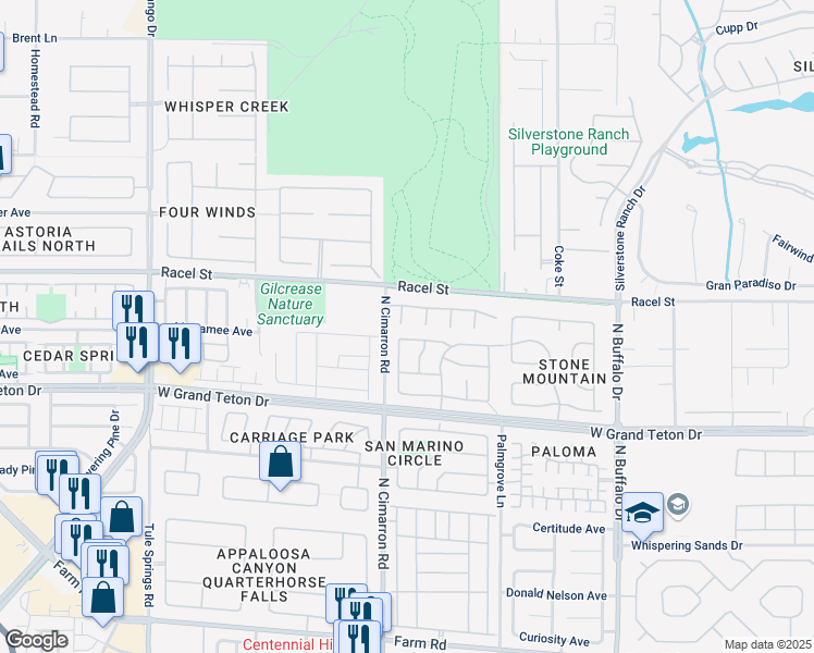 map of restaurants, bars, coffee shops, grocery stores, and more near 8165 Cane Creek Mill Court in Las Vegas