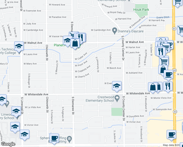 map of restaurants, bars, coffee shops, grocery stores, and more near 2500 South Mendonca Street in Visalia