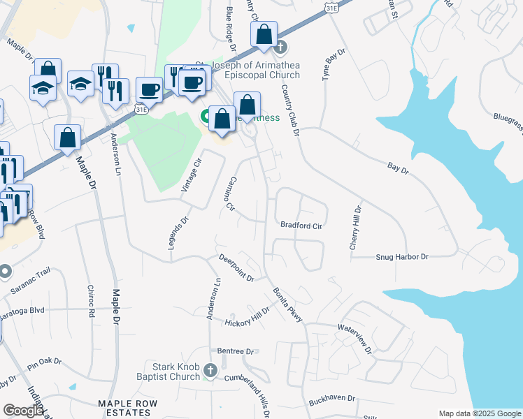 map of restaurants, bars, coffee shops, grocery stores, and more near 204 Redondo Court North in Hendersonville