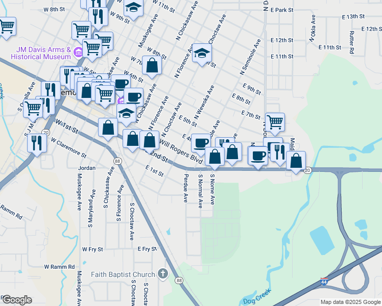 map of restaurants, bars, coffee shops, grocery stores, and more near 420 East Will Rogers Boulevard in Claremore