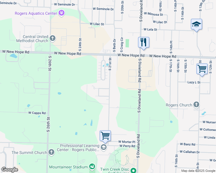 map of restaurants, bars, coffee shops, grocery stores, and more near 2101 West Lazy L Street in Rogers