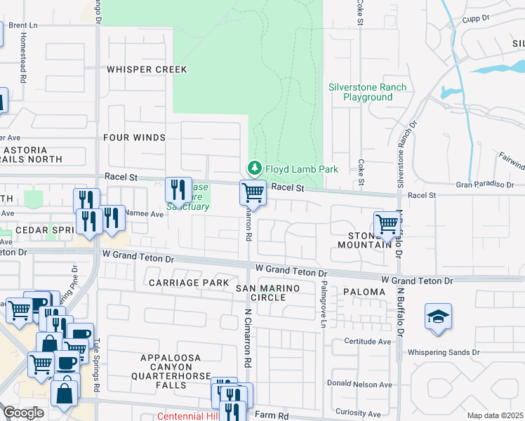 map of restaurants, bars, coffee shops, grocery stores, and more near 8165 Cane Creek Mill Court in Las Vegas