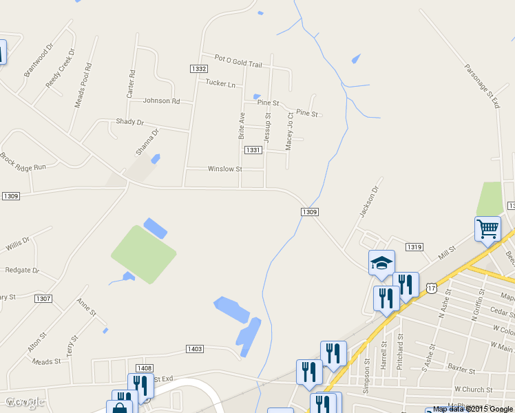 map of restaurants, bars, coffee shops, grocery stores, and more near 1601 West Main Street in Elizabeth City