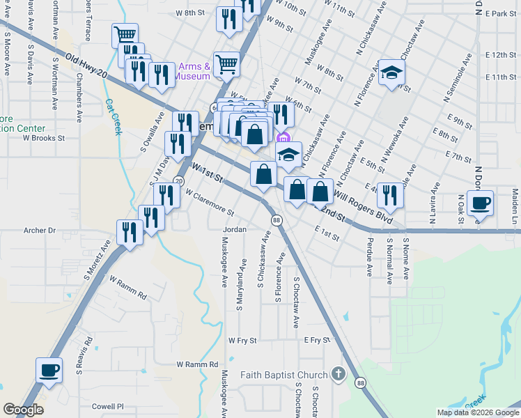 map of restaurants, bars, coffee shops, grocery stores, and more near 213 West 1st Street in Claremore