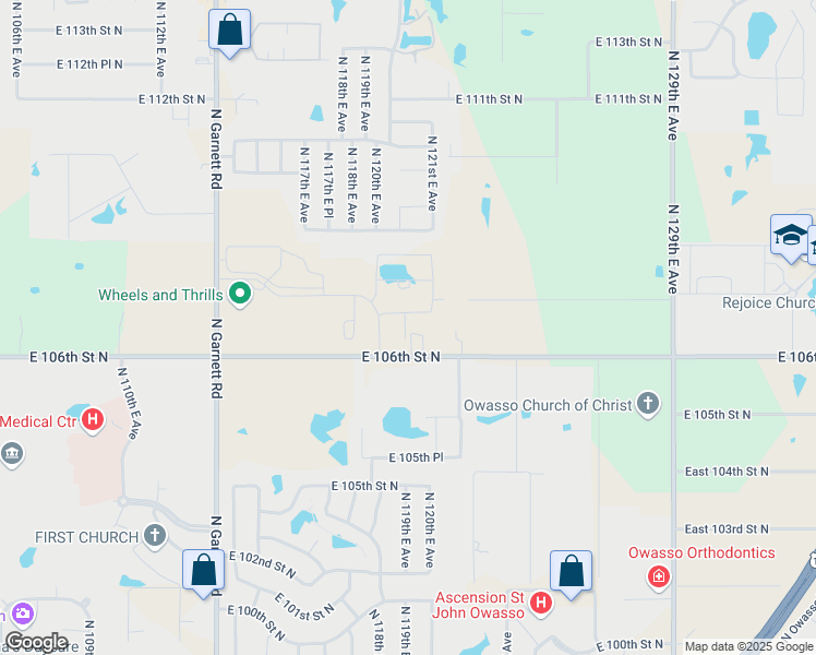 map of restaurants, bars, coffee shops, grocery stores, and more near 12001 East 106th Street North in Owasso