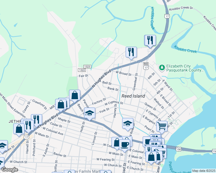 map of restaurants, bars, coffee shops, grocery stores, and more near 512-516 Bell St in Elizabeth City