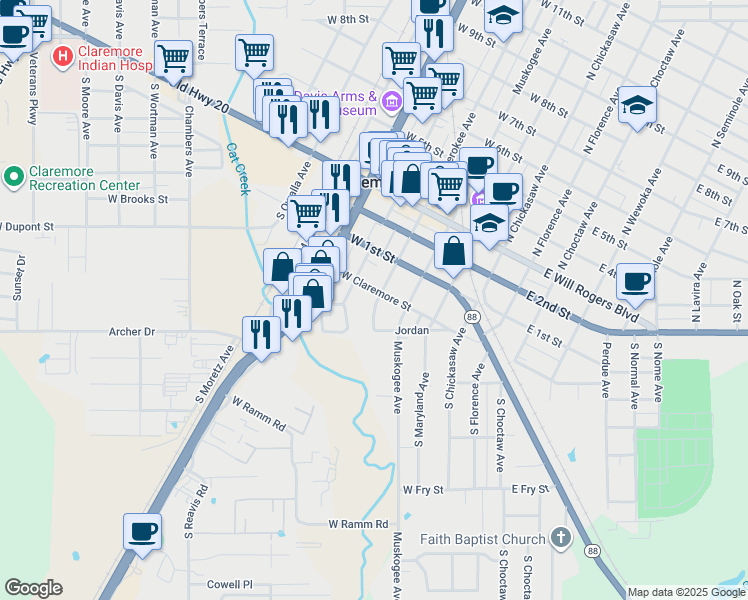 map of restaurants, bars, coffee shops, grocery stores, and more near 329 South Cherokee Avenue in Claremore