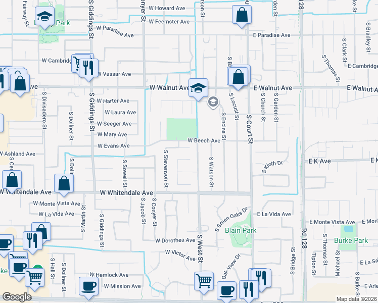 map of restaurants, bars, coffee shops, grocery stores, and more near 2401-2639 South West Street in Visalia