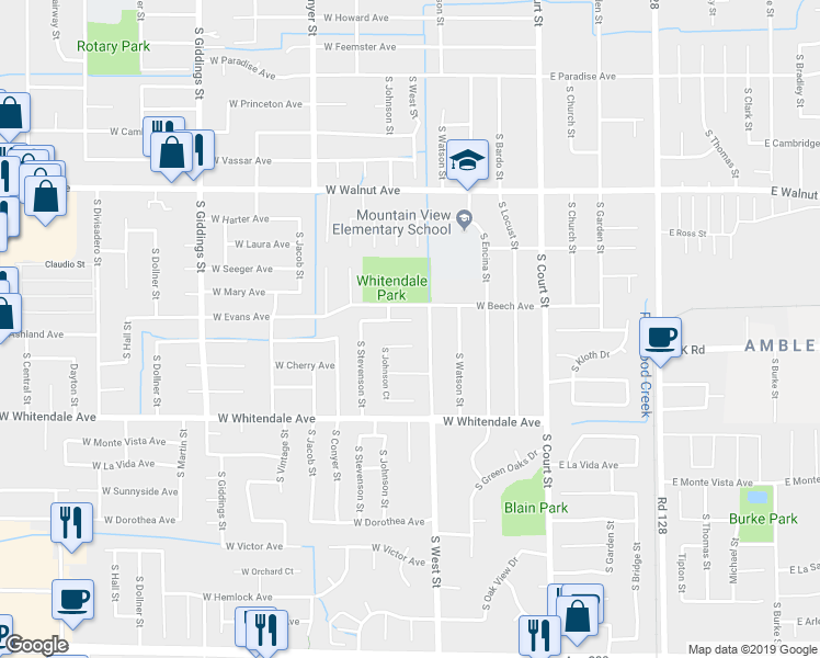 map of restaurants, bars, coffee shops, grocery stores, and more near 515 West Ashland Court in Visalia