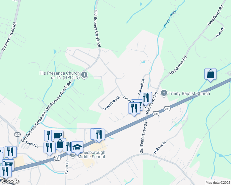 map of restaurants, bars, coffee shops, grocery stores, and more near 202 Union Church Road in Jonesborough