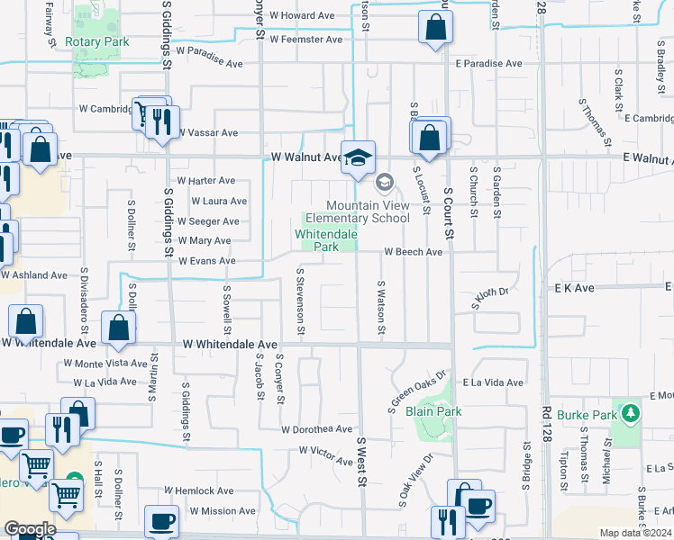 map of restaurants, bars, coffee shops, grocery stores, and more near 527 West Ashland Court in Visalia