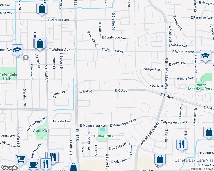 map of restaurants, bars, coffee shops, grocery stores, and more near East Burke Street in Visalia