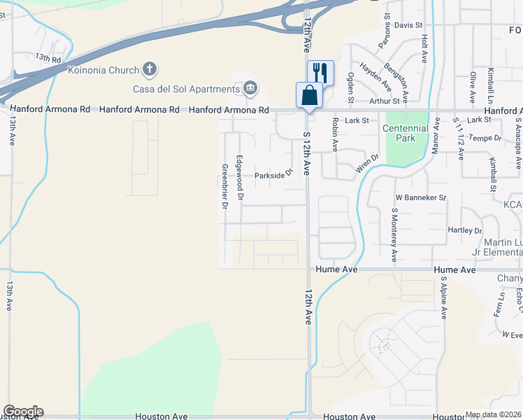 map of restaurants, bars, coffee shops, grocery stores, and more near 1864 West Spring Crest Street in Hanford