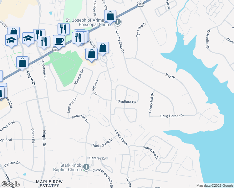 map of restaurants, bars, coffee shops, grocery stores, and more near 101 Bradford Circle in Hendersonville