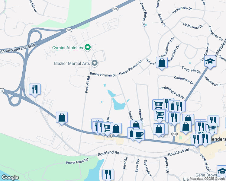 map of restaurants, bars, coffee shops, grocery stores, and more near 131 Mallard Drive in Hendersonville