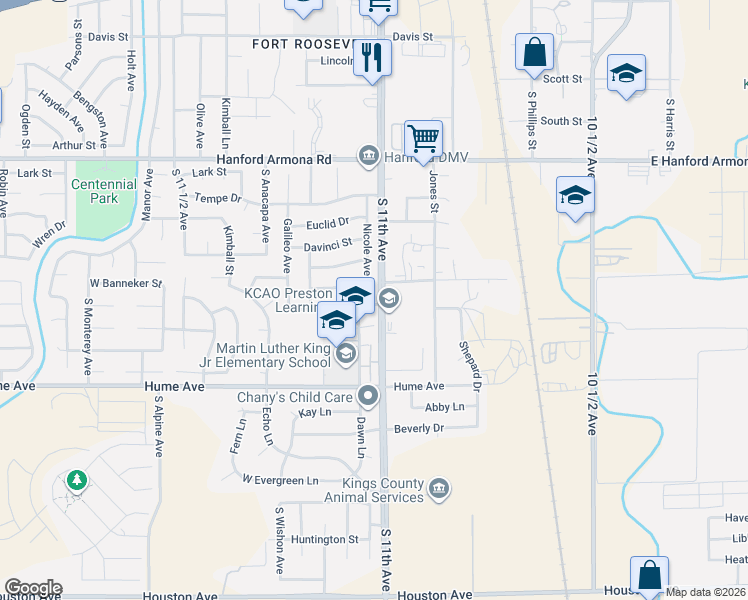 map of restaurants, bars, coffee shops, grocery stores, and more near 11331 South 11th Avenue in Hanford